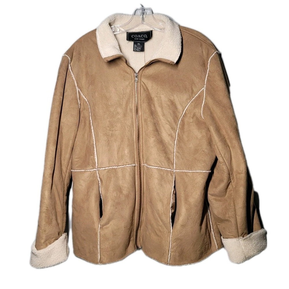 COACO Faux Suede Sherpa Lined Jacket Full Zip Brown Winter Coat XL